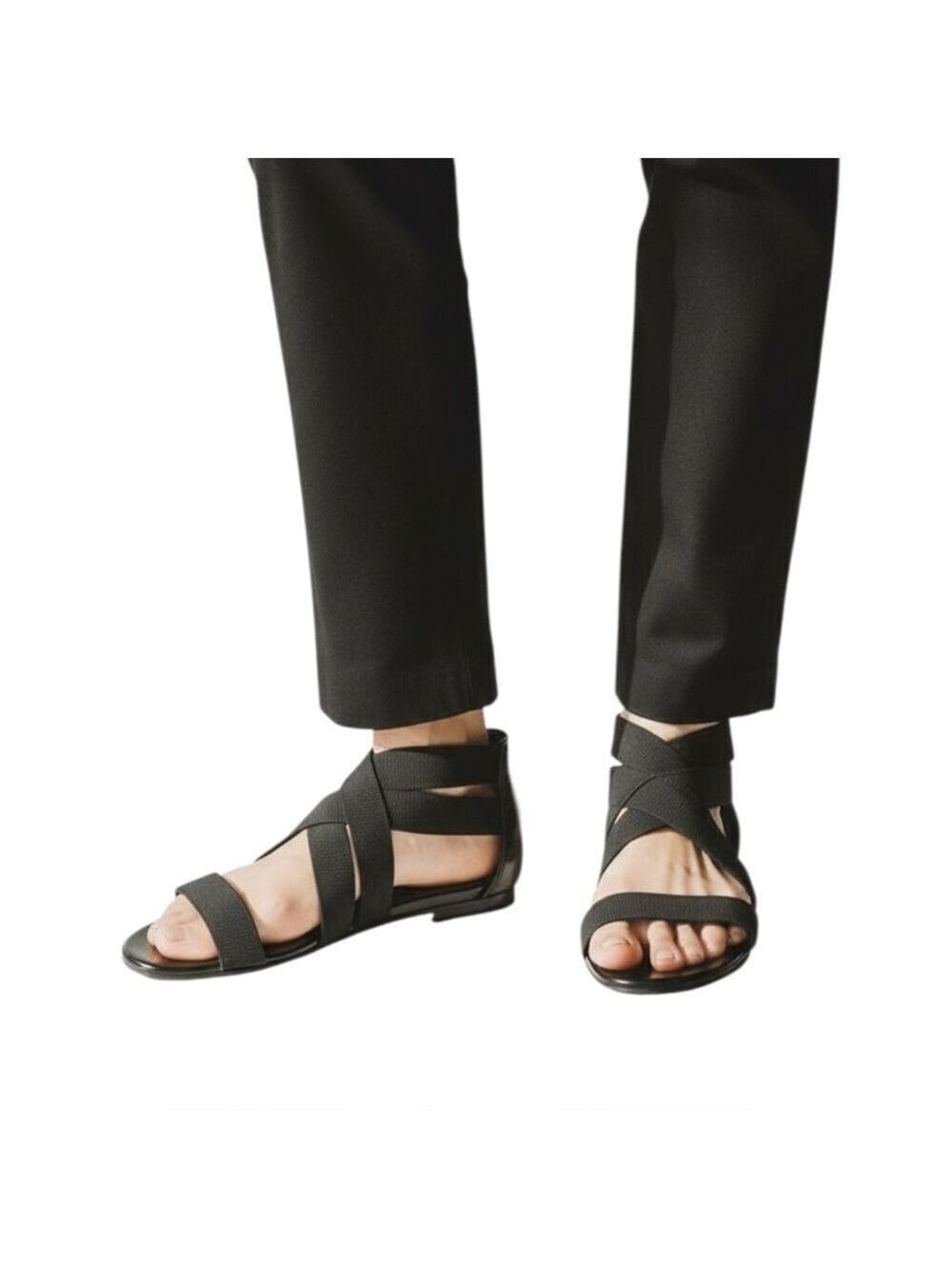 Stuart Weitzman Black Elastic Criss-Cross Flat Sandals Women’s Size 8.5M Spain